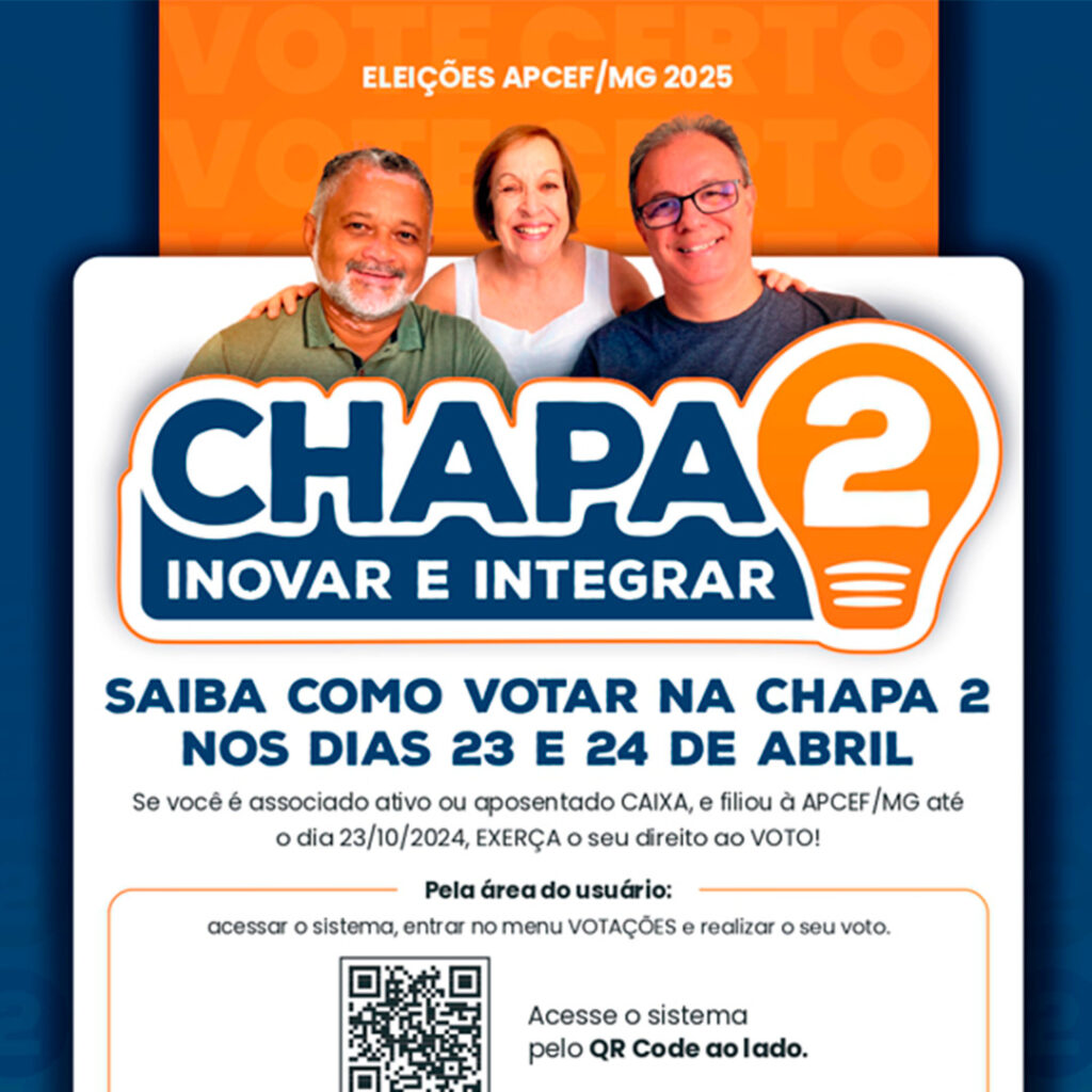 Apcef/MG elege nova diretoria nesta quarta e quinta-feiras, 23 e 24 de abril. Sindicato apoia Chapa 2 Apcef/MG elege nova diretoria nesta quarta e quinta-feiras, 23 e 24 de abril. Sindicato apoia Chapa 2